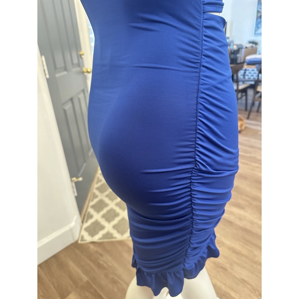 Electric Blue Cut Out Clubwear Dress M/6/8 Bodycon Ruffle Bare Midriff Low Cut - Picture 6 of 9
